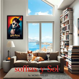 A cozy interior scene of a well-lit room with a large window allowing sunlight to stream in from the top right corner