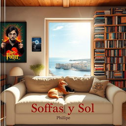 A cozy interior scene of a well-lit room with a large window allowing sunlight to stream in from the top right corner