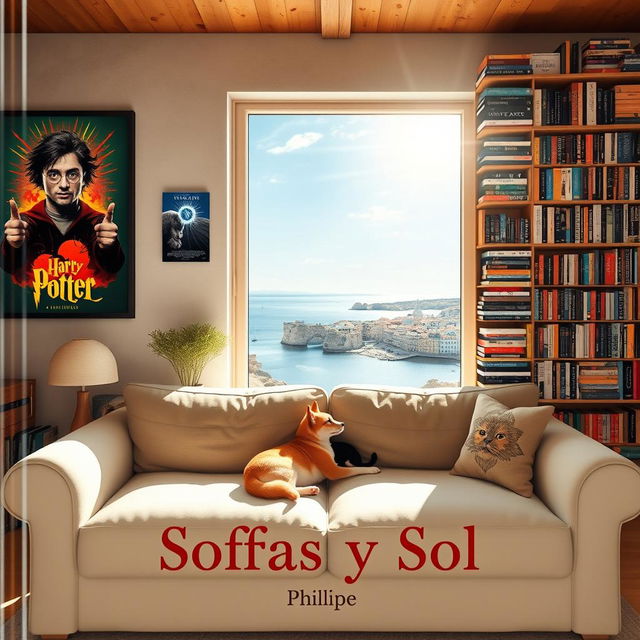 A cozy interior scene of a well-lit room with a large window allowing sunlight to stream in from the top right corner