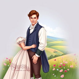 Front cover art illustration for a Regency Romance novel, showcasing a captivating scene between a dashing couple