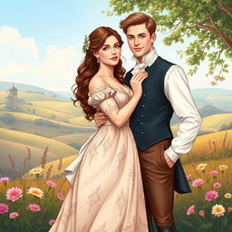 Front cover art illustration for a Regency Romance novel, showcasing a captivating scene between a dashing couple