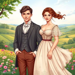 Front cover art illustration for a Regency Romance novel, showcasing a captivating scene between a dashing couple