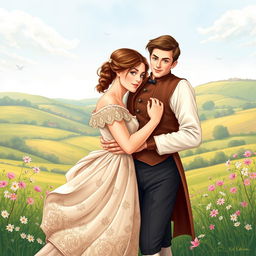 Front cover art illustration for a Regency Romance novel, showcasing a captivating scene between a dashing couple