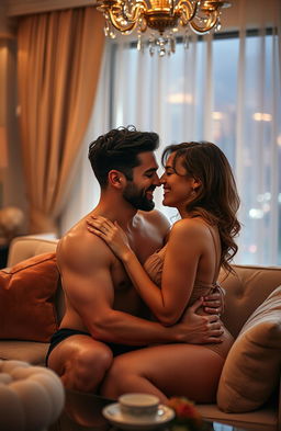 A seductive and intimate scene depicting a couple joyfully celebrating their love within a luxurious setting