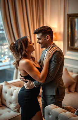 A seductive and intimate scene depicting a couple joyfully celebrating their love within a luxurious setting
