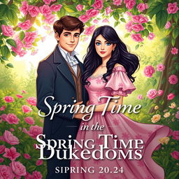 Front cover art illustration for 'Spring Time In The Dukedoms' limited edition Regency Romance Historical novel, featuring a charming lady with long black hair and sparkling blue eyes, beautifully dressed in a rose pink floral Regency dress that flows gracefully around her