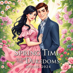 Front cover art illustration for 'Spring Time In The Dukedoms' limited edition Regency Romance Historical novel, featuring a charming lady with long black hair and sparkling blue eyes, beautifully dressed in a rose pink floral Regency dress that flows gracefully around her