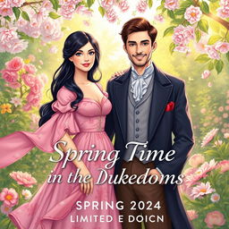 Front cover art illustration for 'Spring Time In The Dukedoms' limited edition Regency Romance Historical novel, featuring a charming lady with long black hair and sparkling blue eyes, beautifully dressed in a rose pink floral Regency dress that flows gracefully around her