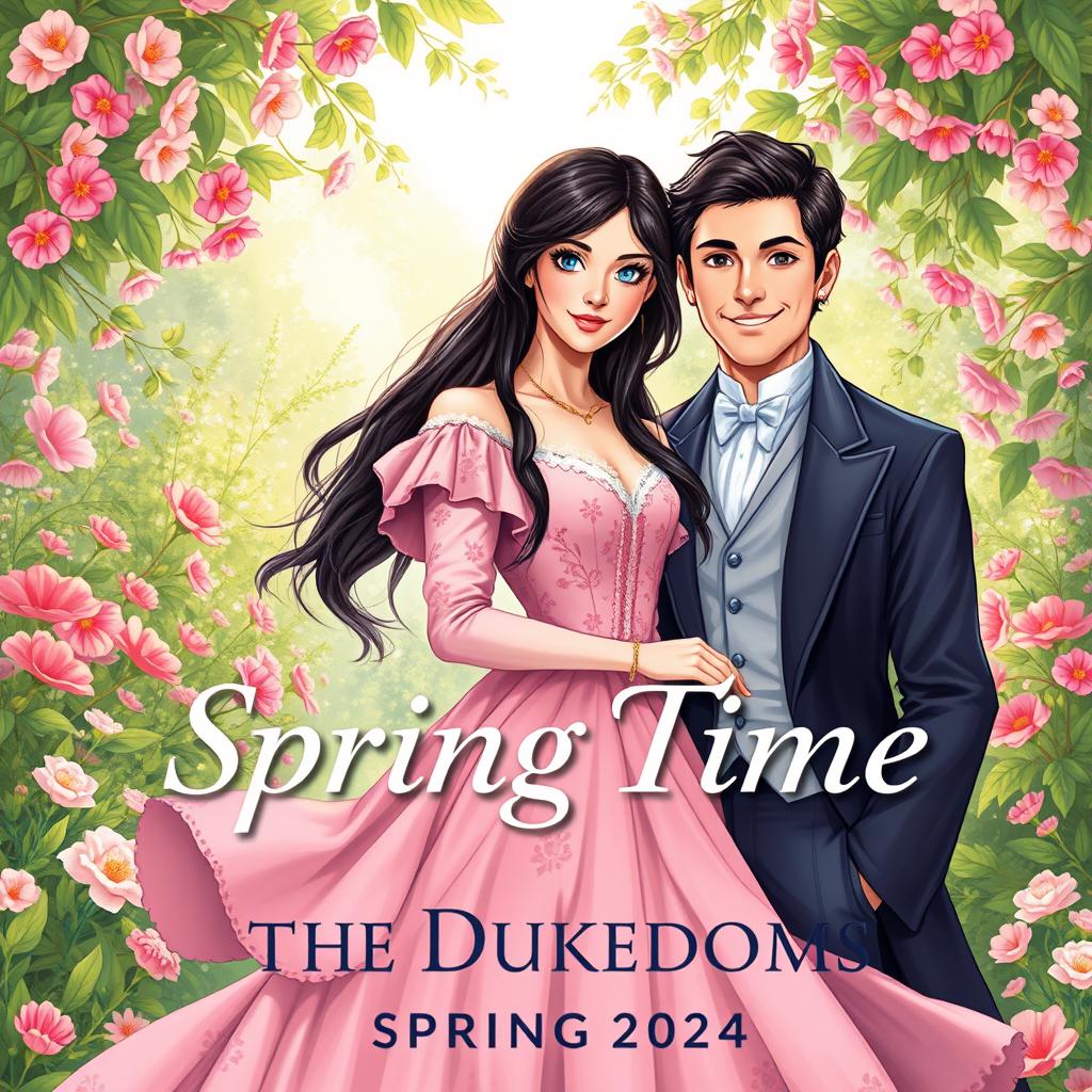 Front cover art illustration for 'Spring Time In The Dukedoms' limited edition Regency Romance Historical novel, featuring a charming lady with long black hair and sparkling blue eyes, beautifully dressed in a rose pink floral Regency dress that flows gracefully around her