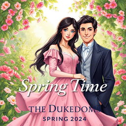 Front cover art illustration for 'Spring Time In The Dukedoms' limited edition Regency Romance Historical novel, featuring a charming lady with long black hair and sparkling blue eyes, beautifully dressed in a rose pink floral Regency dress that flows gracefully around her