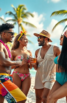 A vibrant, playful scene exploring love and adult relationships amongst a colorful group of adult friends in Jamaica