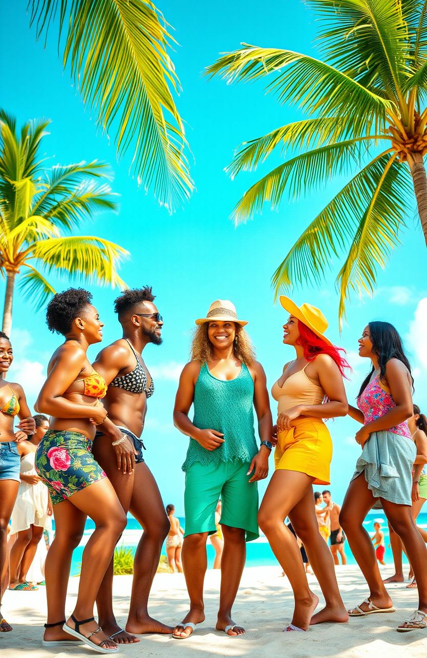 A vibrant, playful scene exploring love and adult relationships amongst a colorful group of adult friends in Jamaica