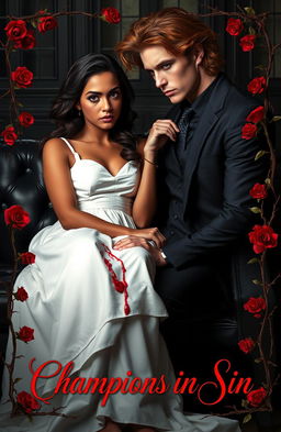 A captivating scene featuring a beautiful girl with high cheekbones, brown curls, dark skin, and brown eyes, sitting gracefully on a black quilted sofa