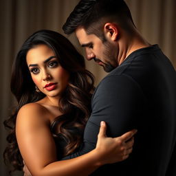 A sensual scene featuring a 30-year-old woman with a curvy figure, showcasing her confidence and desire