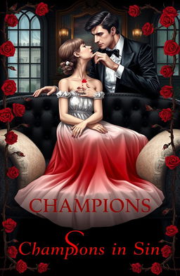 A striking illustration for the upper half of a book cover, featuring a young girl sitting on a luxurious black quilted sofa, adorned in a delicate white dress
