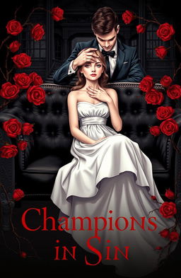 A striking illustration for the upper half of a book cover, featuring a young girl sitting on a luxurious black quilted sofa, adorned in a delicate white dress