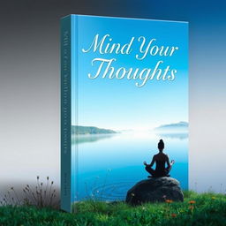 A captivating book cover for a title 'Mind Your Thoughts', featuring a serene landscape with a tranquil lake reflecting a clear blue sky