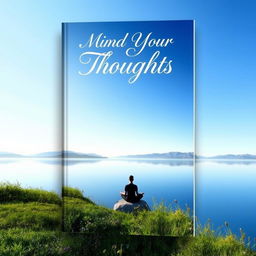 A captivating book cover for a title 'Mind Your Thoughts', featuring a serene landscape with a tranquil lake reflecting a clear blue sky