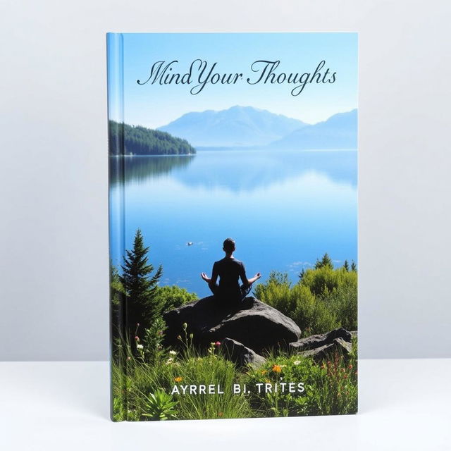 A captivating book cover for a title 'Mind Your Thoughts', featuring a serene landscape with a tranquil lake reflecting a clear blue sky