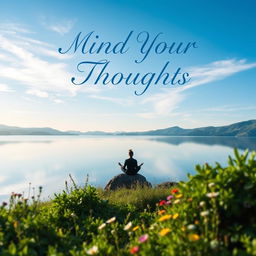 A captivating book cover for a title 'Mind Your Thoughts', featuring a serene landscape with a tranquil lake reflecting a clear blue sky