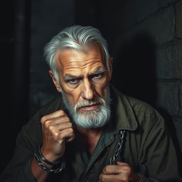 An older white-haired man, with a rugged face showing signs of age and experience, is depicted in a dramatic scene wearing handcuffs and chained to a wall