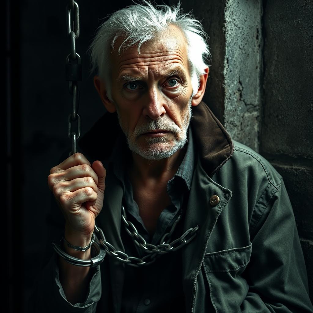 An older white-haired man, with a rugged face showing signs of age and experience, is depicted in a dramatic scene wearing handcuffs and chained to a wall