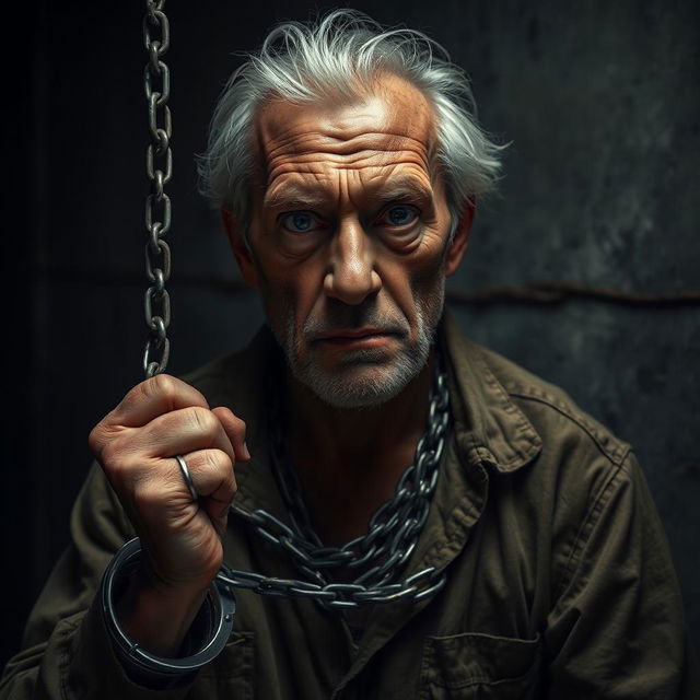 An older white-haired man, with a rugged face showing signs of age and experience, is depicted in a dramatic scene wearing handcuffs and chained to a wall