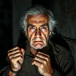 An older white-haired man, with a rugged face showing signs of age and experience, is depicted in a dramatic scene wearing handcuffs and chained to a wall