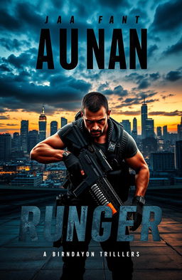 A thrilling book cover design featuring an intense action scene set in an urban environment at dusk