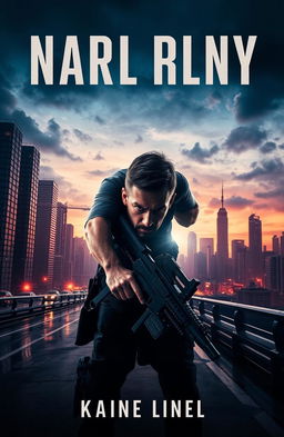 A thrilling book cover design featuring an intense action scene set in an urban environment at dusk