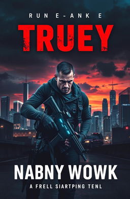 A thrilling book cover design featuring an intense action scene set in an urban environment at dusk