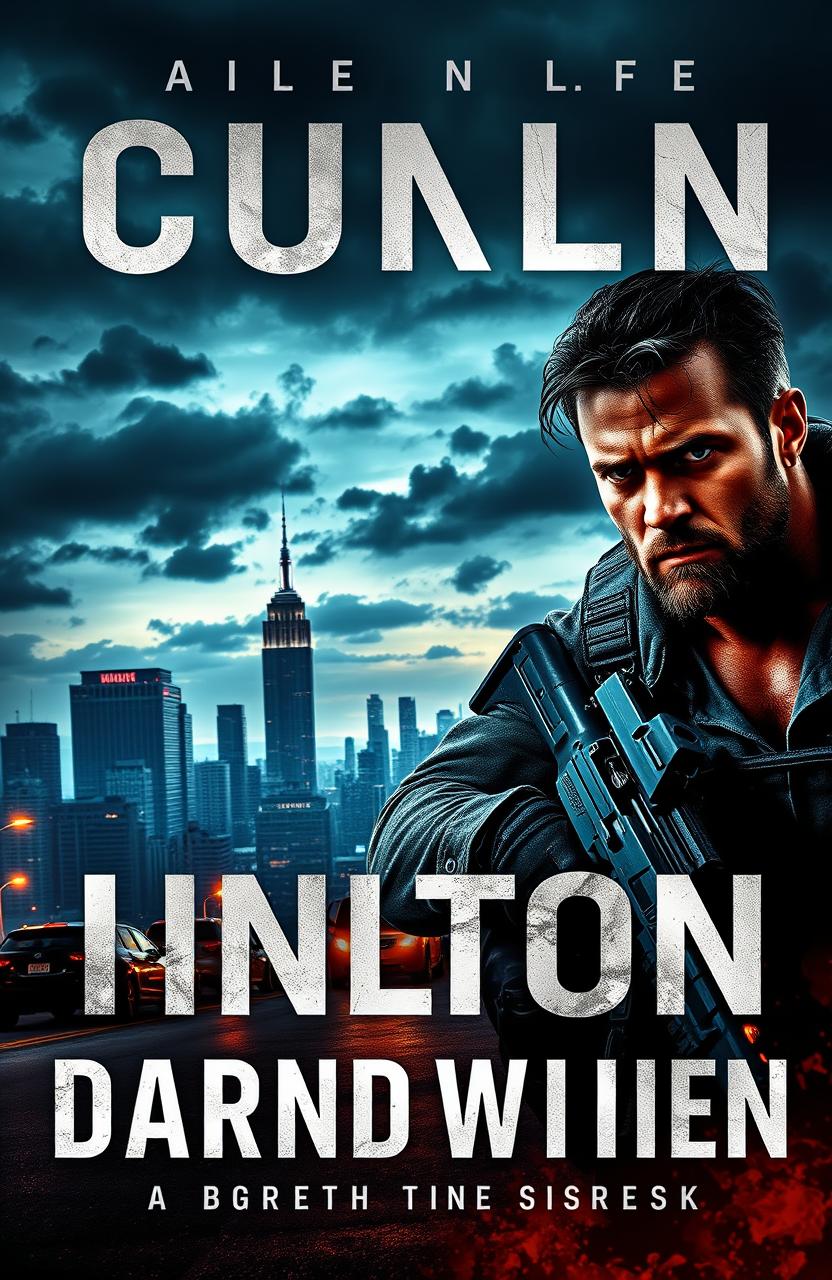 A thrilling book cover design featuring an intense action scene set in an urban environment at dusk