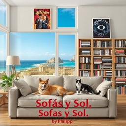 A cozy living room scene featuring a comfortable sofa positioned in the lower center