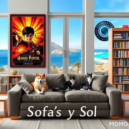 A cozy living room scene featuring a comfortable sofa positioned in the lower center