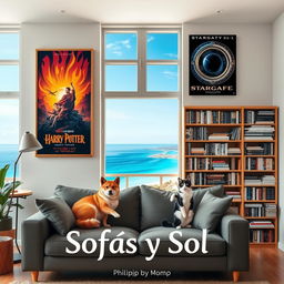 A cozy living room scene featuring a comfortable sofa positioned in the lower center