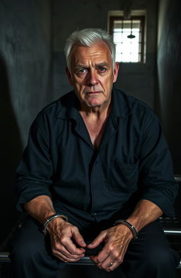 An older white-haired man with a rugged appearance and a defiant expression, wearing a dark prison jumpsuit, is seated on a metal bench in a dimly lit police station