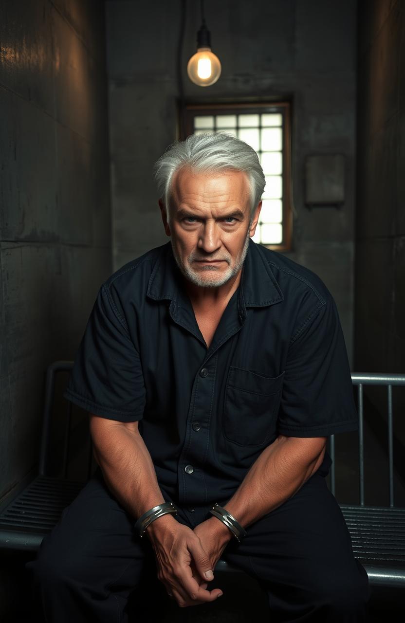 An older white-haired man with a rugged appearance and a defiant expression, wearing a dark prison jumpsuit, is seated on a metal bench in a dimly lit police station