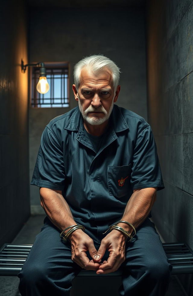 An older white-haired man with a rugged appearance and a defiant expression, wearing a dark prison jumpsuit, is seated on a metal bench in a dimly lit police station