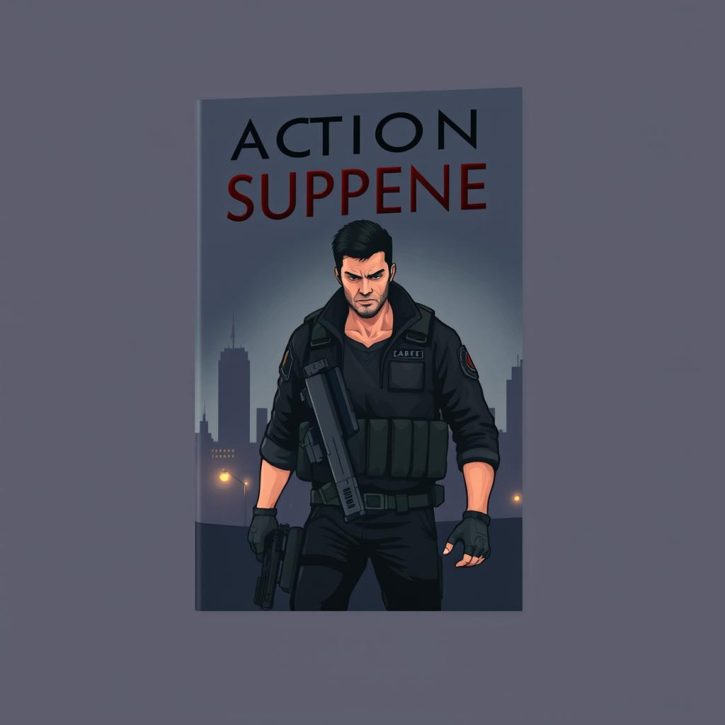 A simple yet engaging book cover design for an action and suspense novel, featuring a lightly detailed illustration