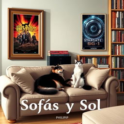 A cozy living room scene featuring a plush sofa positioned in the lower center of the image, occupied by a Shiba Inu dog and a black-and-white cat lounging comfortably together