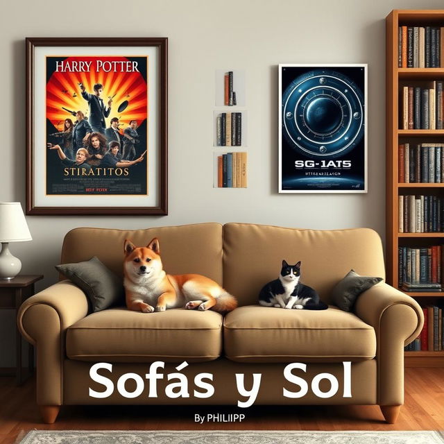 A cozy living room scene featuring a plush sofa positioned in the lower center of the image, occupied by a Shiba Inu dog and a black-and-white cat lounging comfortably together