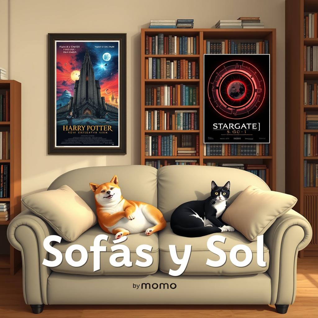 A cozy living room scene featuring a plush sofa positioned in the lower center of the image, occupied by a Shiba Inu dog and a black-and-white cat lounging comfortably together