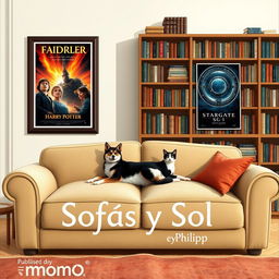 A cozy living room scene featuring a plush sofa positioned in the lower center of the image, occupied by a Shiba Inu dog and a black-and-white cat lounging comfortably together