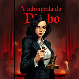 An intriguing book cover illustration for the title 'A advogada do Diabo', featuring a mysterious and elegant female lawyer with dark hair, dressed in a sleek black suit, holding a gavel