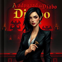 An intriguing book cover illustration for the title 'A advogada do Diabo', featuring a mysterious and elegant female lawyer with dark hair, dressed in a sleek black suit, holding a gavel