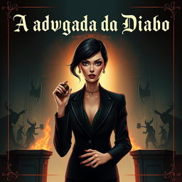An intriguing book cover illustration for the title 'A advogada do Diabo', featuring a mysterious and elegant female lawyer with dark hair, dressed in a sleek black suit, holding a gavel