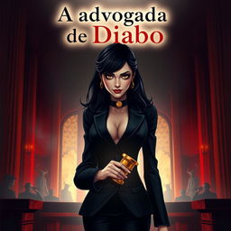 An intriguing book cover illustration for the title 'A advogada do Diabo', featuring a mysterious and elegant female lawyer with dark hair, dressed in a sleek black suit, holding a gavel