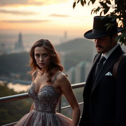 An enigmatic scene depicting a sophisticated woman embarking on a journey with a mysterious figure named Mr