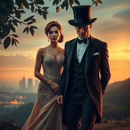 An enigmatic scene depicting a sophisticated woman embarking on a journey with a mysterious figure named Mr