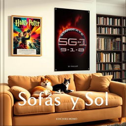 A cozy living room featuring a plush sofa at the lower center, with a Shiba Inu and a black-and-white cat peacefully lying together on it
